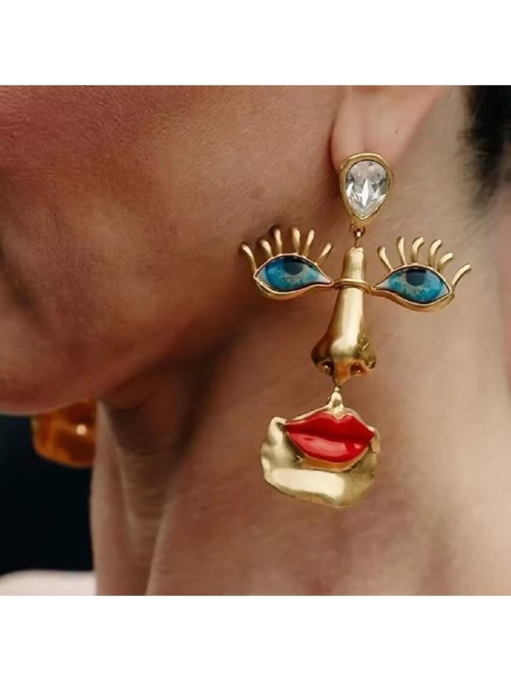 Visage Surrealism Gold Blue Eyes Earrings